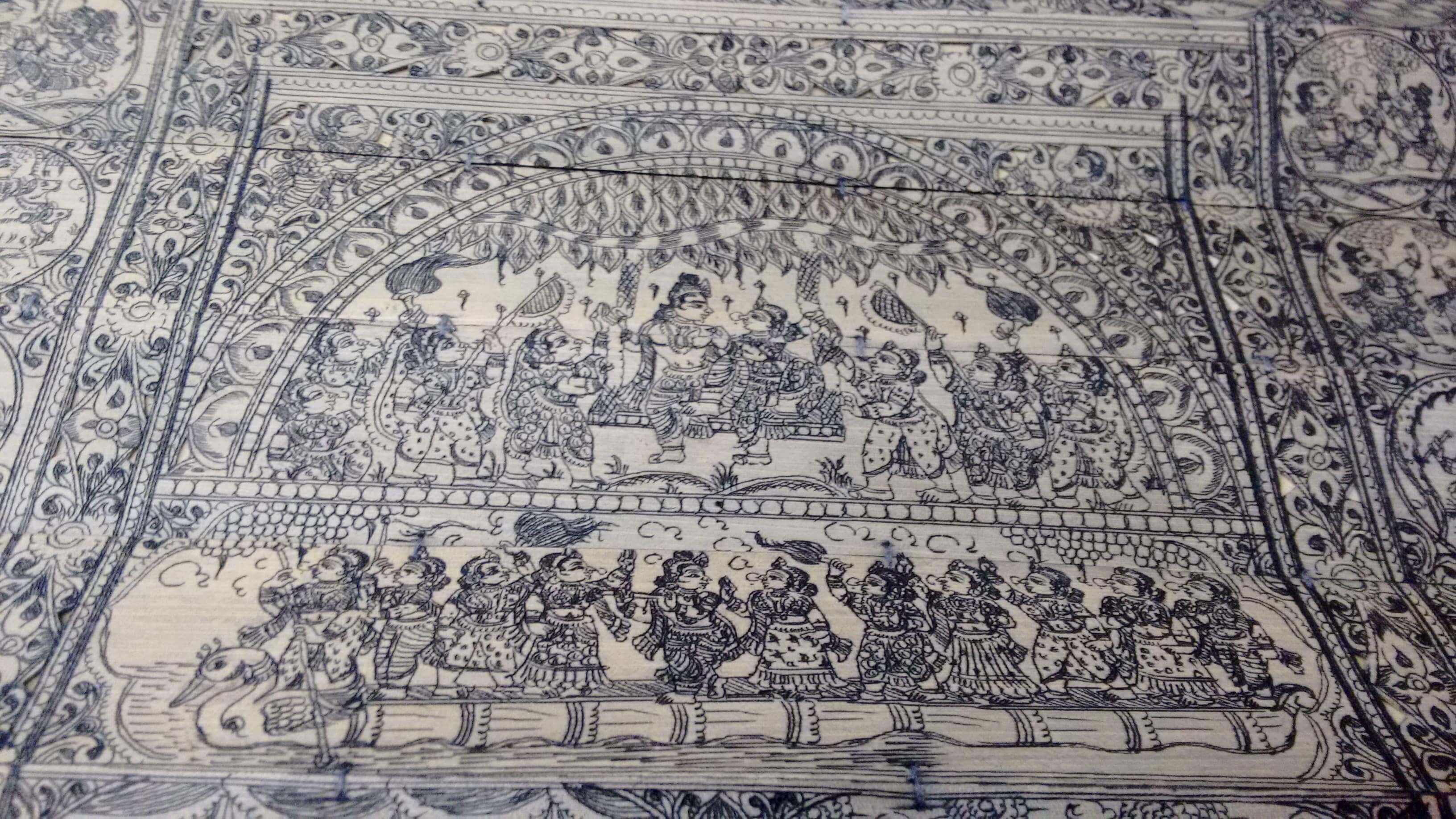 Navkeli and Dolo Raso,two of the 8 Rasleelas of Krishna palm leaf engraving,orissa,rasleela
