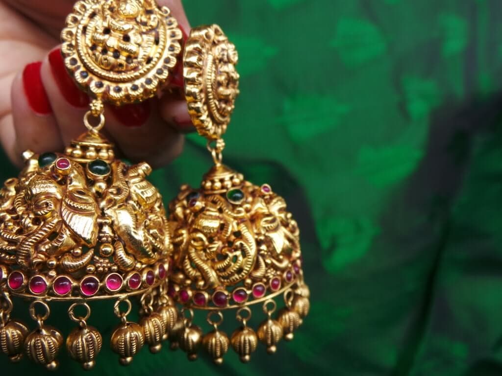 The Jhumkas with Lakshmi and the birds Swarna Jewellers