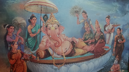 Ganapathi resting, with Ladies in attendance Ganapathi sculptures and paintings