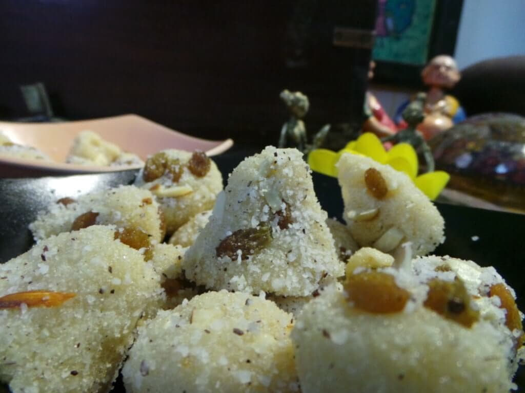 Homemade sweets Diwali - Rava laddoos or pyramids or smileys?