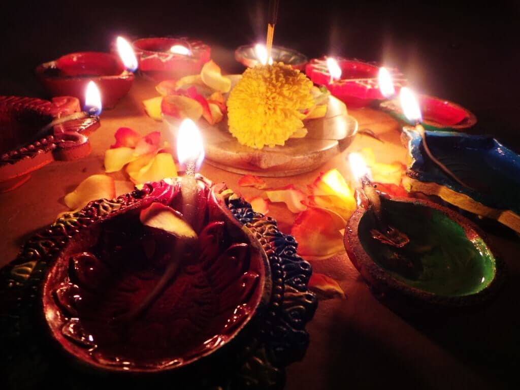 Painted by a five year old Diwali - Diyas in different shapes and colours