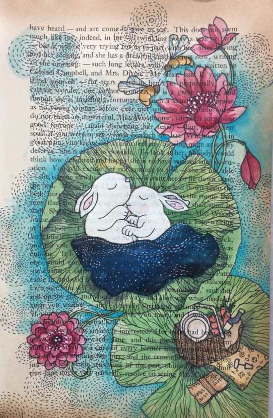 Vintage paper and two rabbits on a lotus leaf! Bakula Nayak - An Artist's Journey