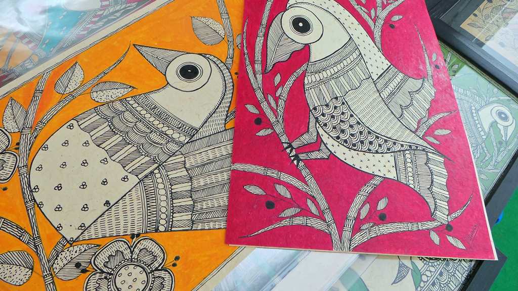 Birds with fabulous plumage Madhubani by Vidushini Prasad at A Hundred Hands Annual Collective